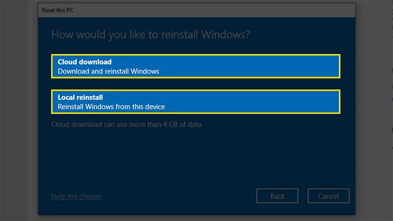 Choose how to reinstall Windows