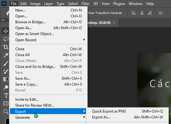 How to save files using the "Export as" function in Photoshop