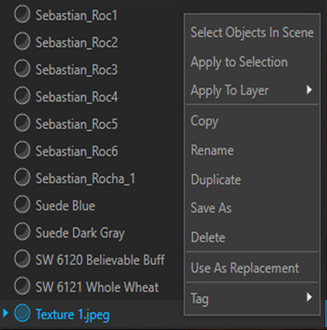 Material area and right click menu